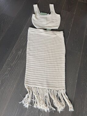 H&M NWT Cream Ribbed Knit Fringe Skirt and Crop Top Set